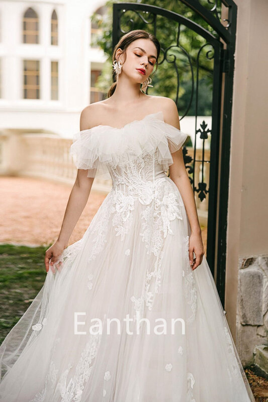 Ivory-vestido de novia sin tirantes, prenda de encaje con volantes y cordones, para fiesta de boda