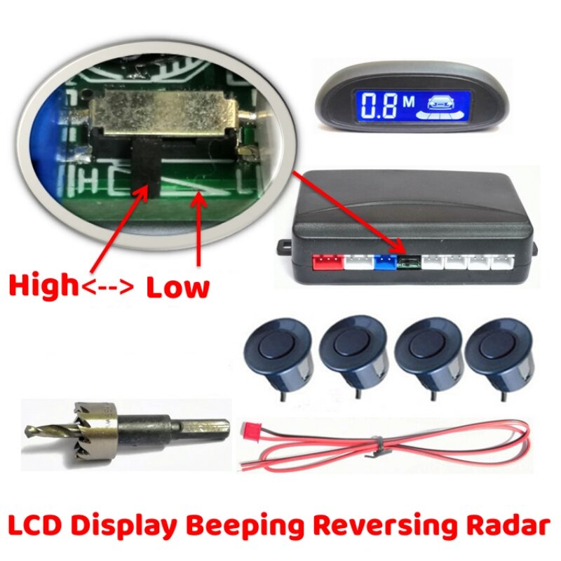 Radar parkir LED parktronik mobil, dengan 4 sensor parkir otomatis, sistem detektor Radar parkir deteksi titik buta