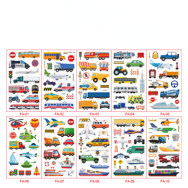 10Sheets Children Cute Cartoon Transport Tattoo Stickers for Kids Engineering Vehicle Cars Fake Temporary Tattoo Boys Gift