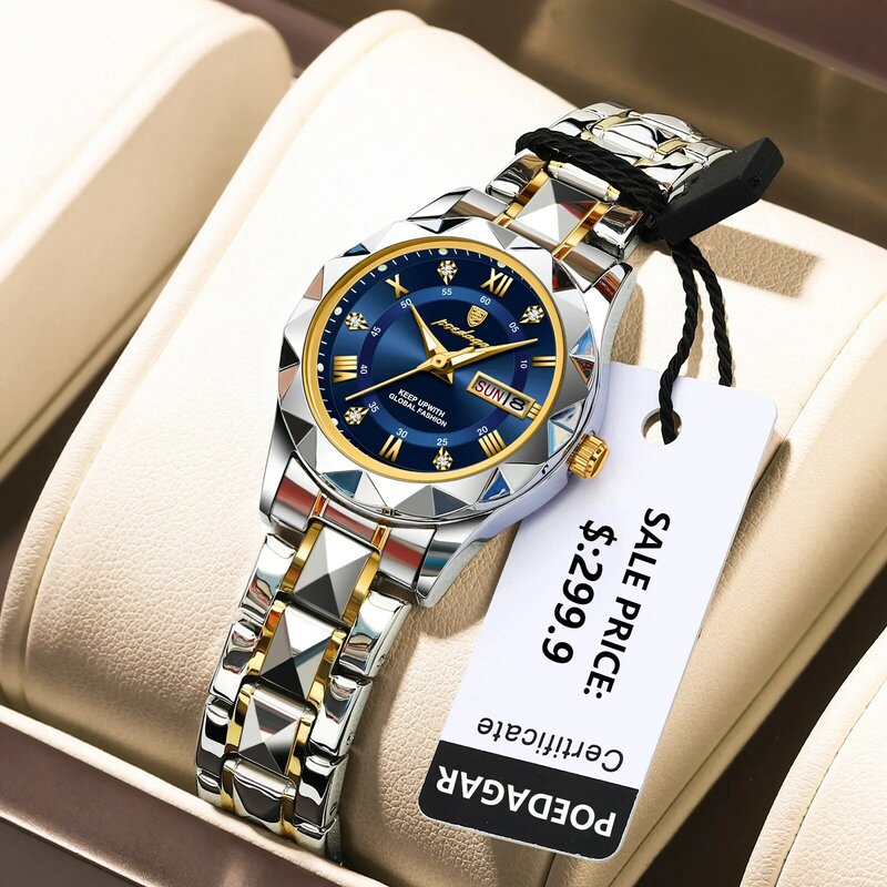POEDAGAR-reloj luminoso de lujo para mujer, pulsera de acero inoxidable, resistente al agua, con fecha semanal, de cuarzo + caja