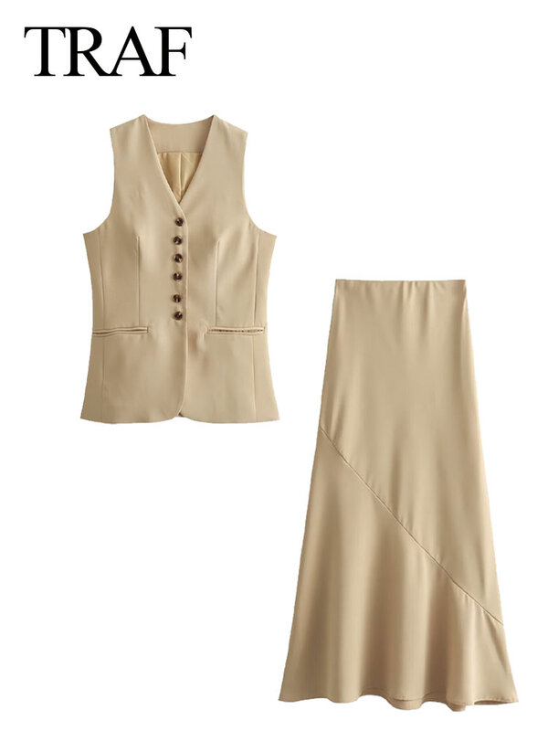 TRAF Woman New Fashion Summer Chic Suit Khaki V-Neck Sleeveless Pockets Single Breasted Waistcoats+High Waist Asymmetrical Skirt