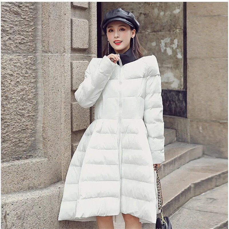New 2023 Medium Long Style Slim Down Cotton-Padded Jacket Coat Slim And Receive Waist Light Luxury Outerwear Keep Warm Overcoat