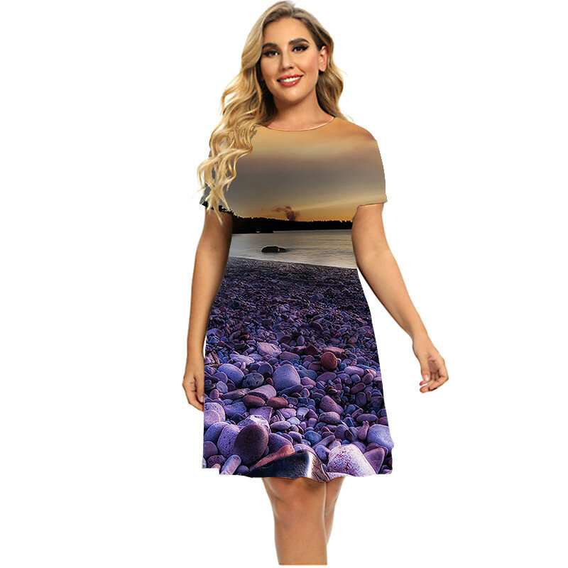 Paesaggio pietra 3D stampato vestito donne scenario manica corta vestito allentato moda estate spiaggia in vacanza vestito Plus Size 5XL 6XL