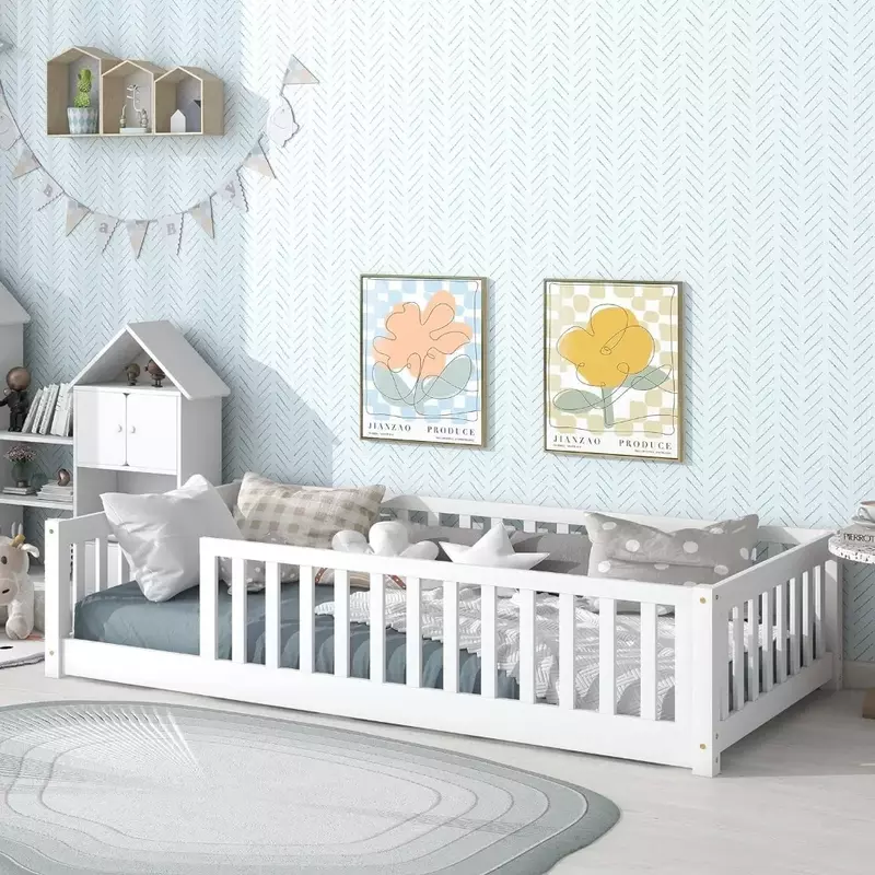Marco de cama de piso de tamaño doble con valla de seguridad y listón de madera, cama de piso de madera Montessori, marco de cama de piso para niños pequeños, varios colores