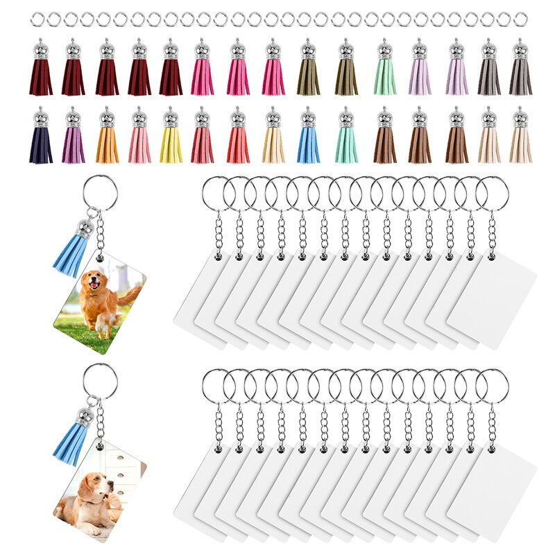 Сублимационные заготовки для ключей оптом, набор из 30 заготовок для ключей с сублимационной печатью, набор заготовок для ключей с кисточками, кольца для ключей, брелок