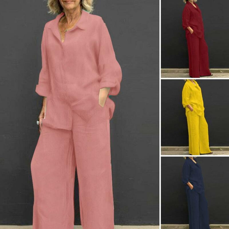 여성용 통기성 세트 세련된 코튼 린넨 세트, 우아한 긴팔 셔츠, 와이드 레그 팬츠 세트, 캐주얼 용수철 및 가을