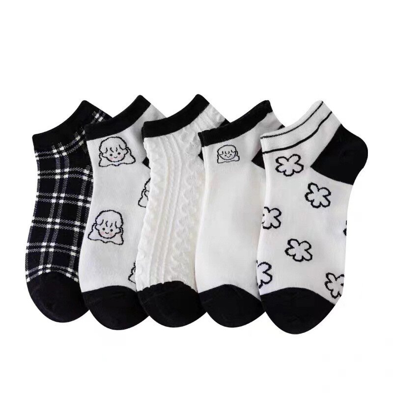 5 Pairs Of Women Boat Socks Sweet Cute Plaid Little Girl Printed Fashion Ladies Casual Socks Academy Style Women's Socks BZ105