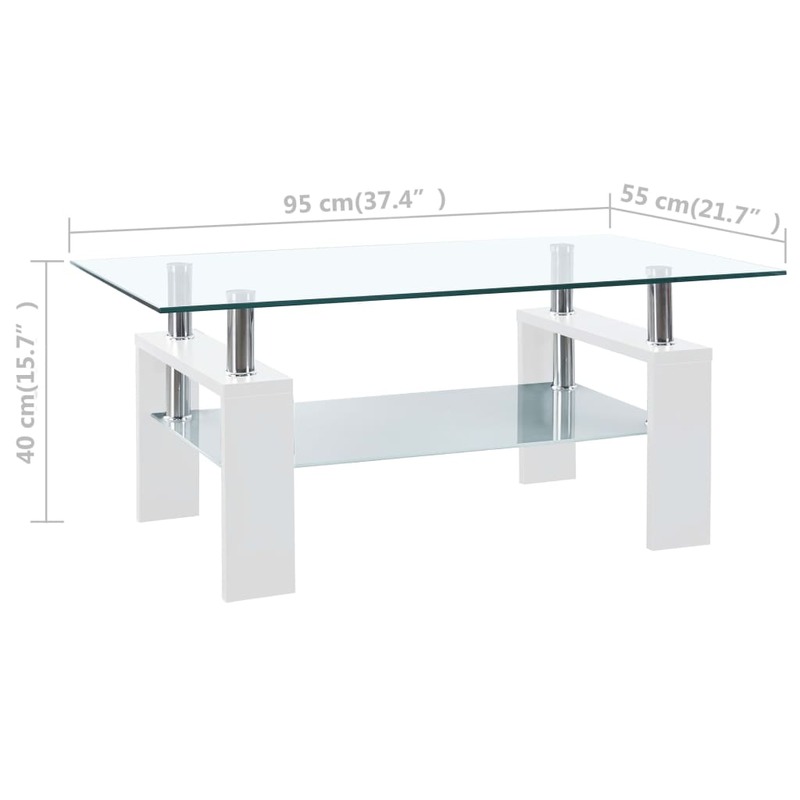 Журнальный столик, чайный столик из закаленного стекла, мебель для гостиной, белый и прозрачный, 95x55x40 см