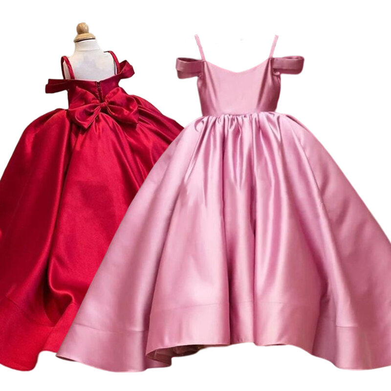 تخصيص الصيف الأحمر الوردي طول الأرض الساتان جونيور فستان وصيفة الشرف لحفل الزفاف حفلة عيد ميلاد الأميرة ثوب 1-14