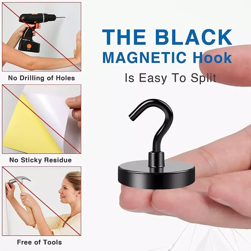 Ganchos magnéticos negros de alta resistencia, gancho magnético de neodimio súper fuerte con revestimiento epoxi para el hogar, cocina, trabajo y oficina