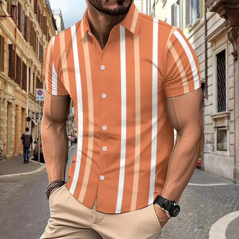 2023 new summer men's casual vertical striped lapel shirt Men's slim fashion high quality street clothing hot selling shirt