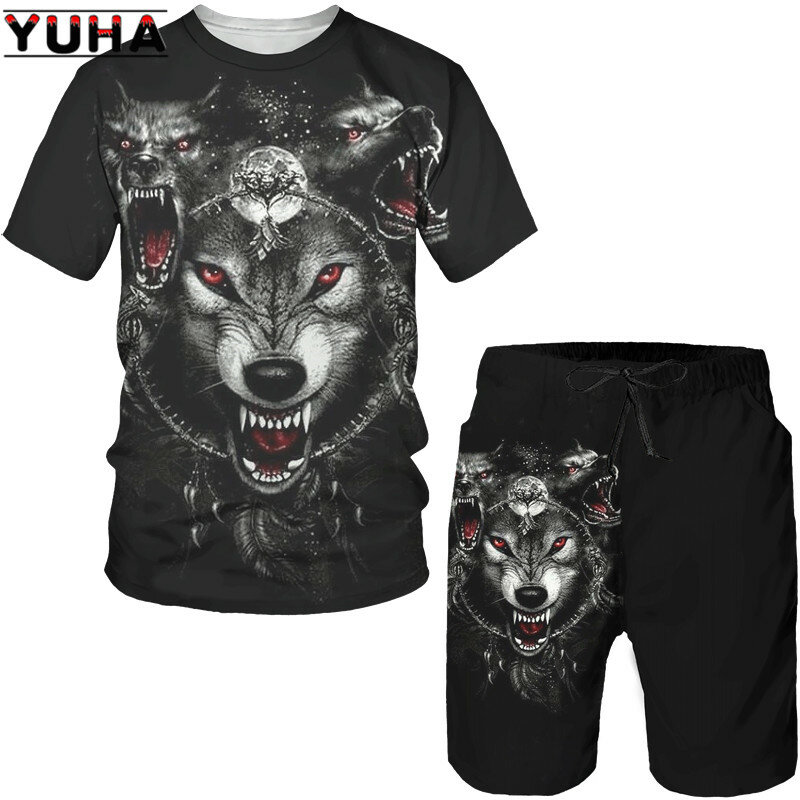 YUHA, The Wolf T-shirt & Celana Pendek Keren Bergambar 3D Setelan Atasan Leher-o Lengan Pendek Musim Panas Pria/Wanita Pakaian Olahraga Kasual Tracksui