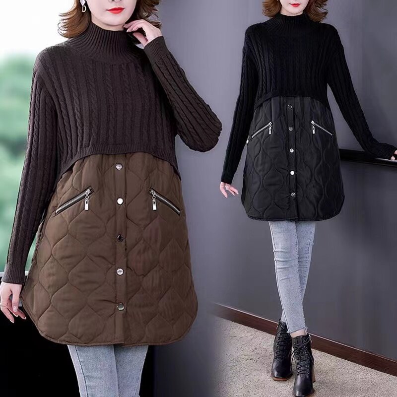 Women's Parkas Autumn Winter Jacket New 2024 Fashion Temperament Loose Casual Splicing knitted Warm Female Outwear Overcoat
