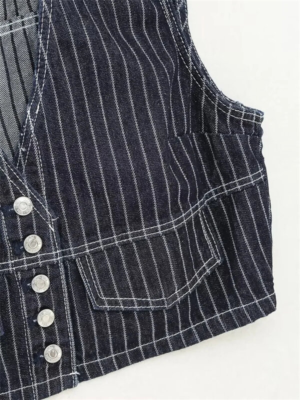 Весенняя полосатая джинсовая короткая жилетка для женщин, жилет на пуговицах, куртка в ретро стиле, оригинальная искусственная жилетка
