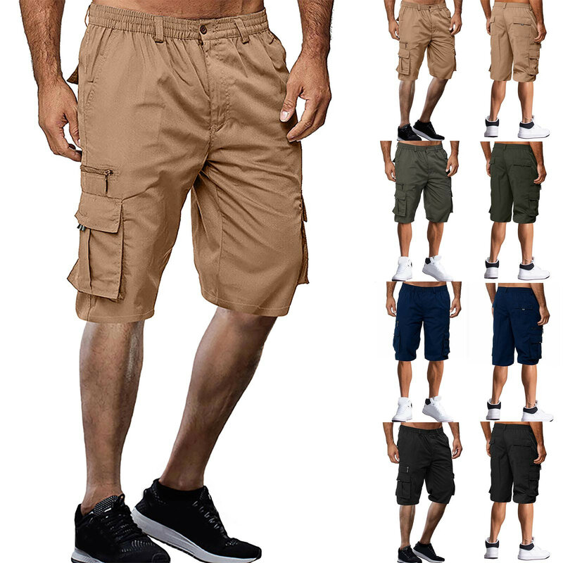 Pantalones cortos Cargo para hombre, ropa de trabajo con bolsillo deportivo, informal, de moda, holgada, de Color sólido, con bolsillos