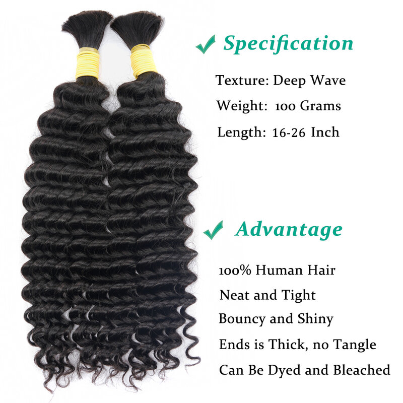Lovevol-Cheveux Deep Wave en vrac pour tressage, sans trame, micro faux tressage, support de tresses Boho, 100g Bundle