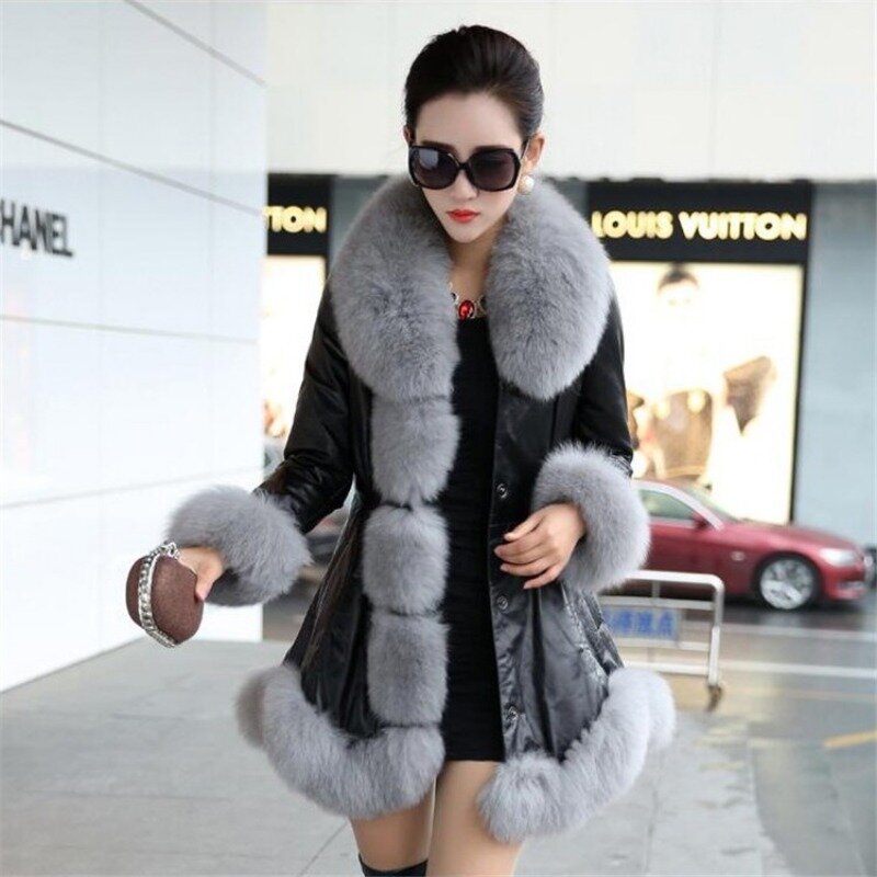 Casaco de couro feminino de imitação de pele raposa, versão de comprimento médio, outwear fino, tamanho grande, parkas engrossados quentes, 2024