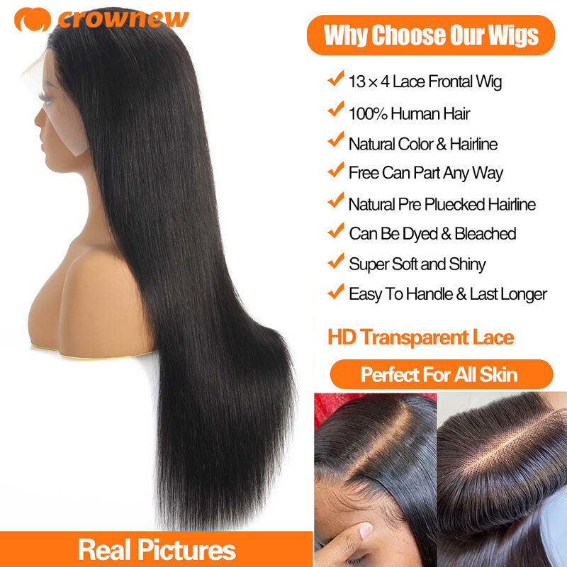 Crownew-Perruque Lace Front Wig sans colle naturelle, cheveux lisses, 13tage, 40 pouces, HD