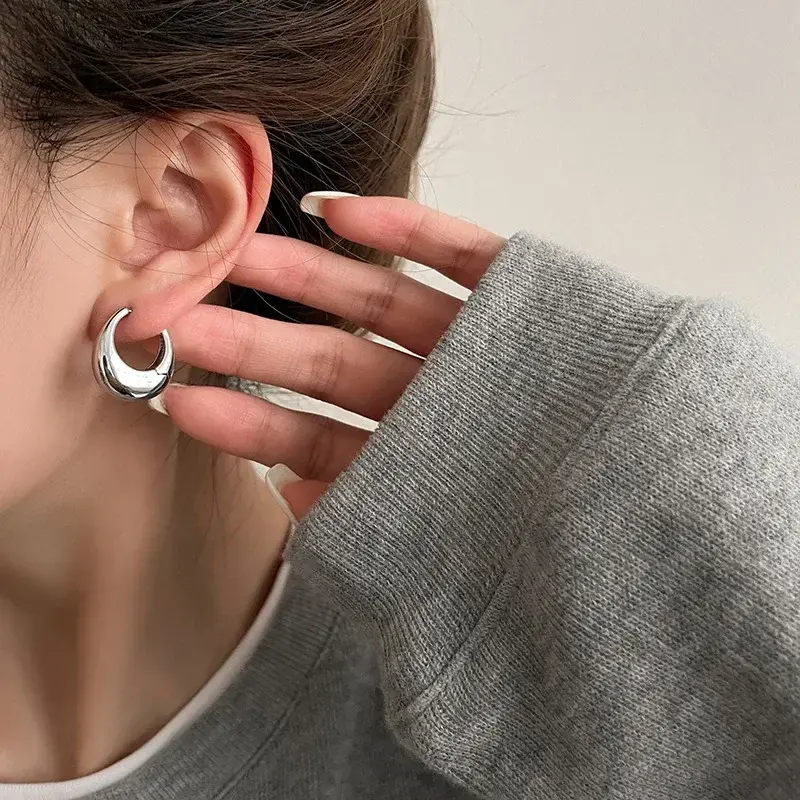 Silver Gold Color Simple Wide Huggies Gothic Hoop Earrings for Women European Unisex Piercing Rock Jewelry Ear Buckles