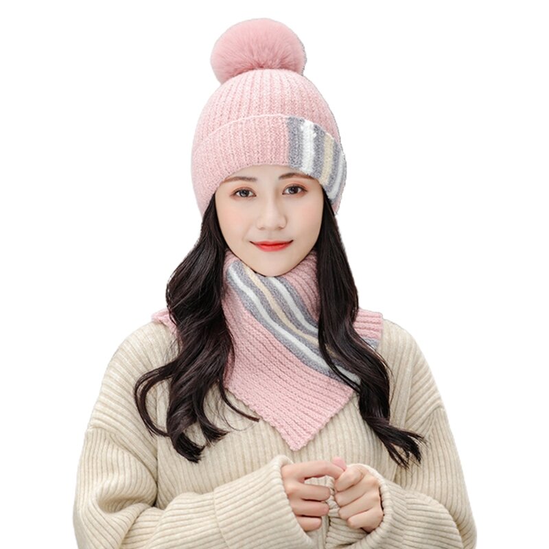 Женская зимняя вязаная шапка-бини из 2 предметов, водолазка с воротником, круглый шарф, комплект контрастного цвета, полосатая с
