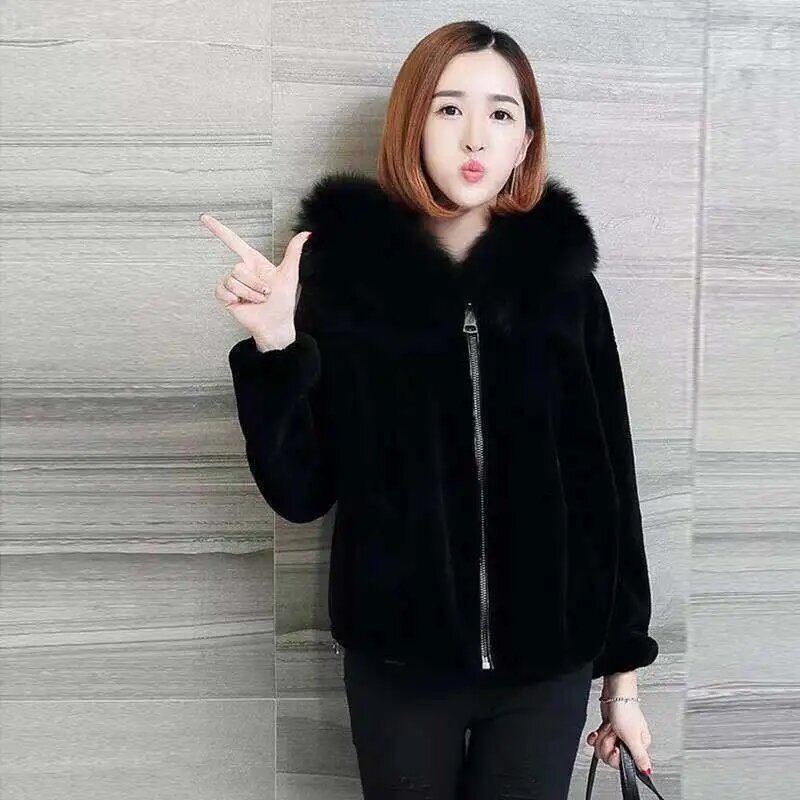 Fur Coat Women Imitation Sheep Fleece Hooded Coats New Winter Warm Overcoat Female Faux Fox Collar Fur Coat Femme Short Jacket