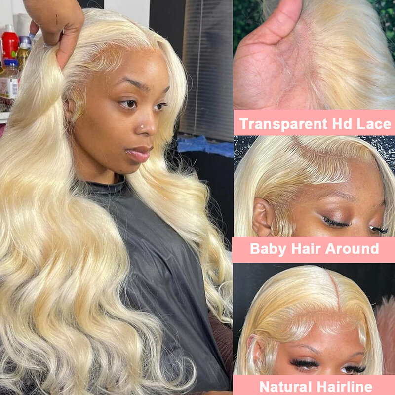 Perruque Lace Front Wig Body Wave naturelle, cheveux humains, blond 613, 13x4 HD Transparent 180%, 13x6