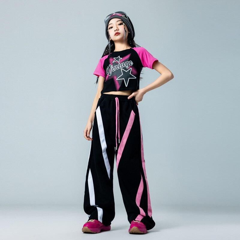 Kaus Crop Hip Hop anak perempuan, kostum panggung Jazz pakaian jalanan Jogger dansa anak-anak set pakaian manis