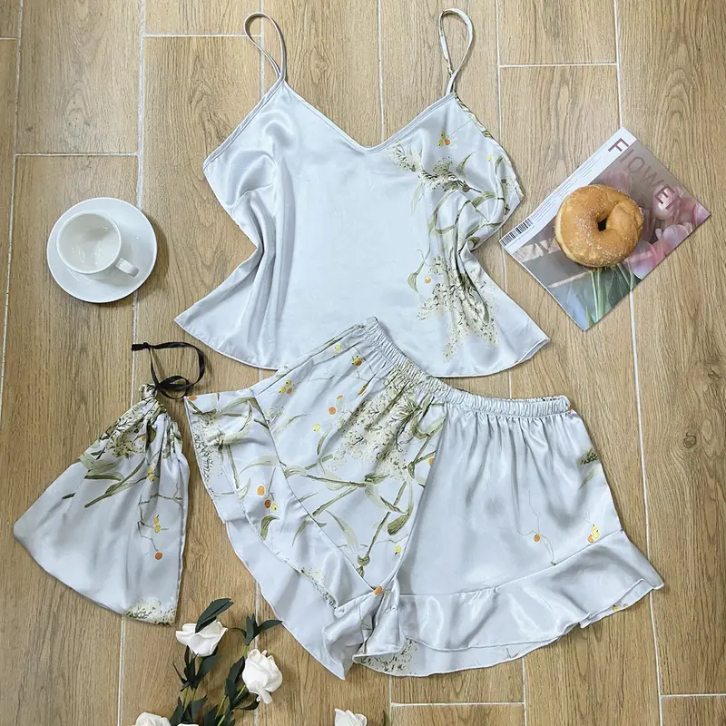 Elegant Floral Print Cami Tops   Ruffle Hem Shorts Pajama Set  Women's Sleepwear   Loungewear