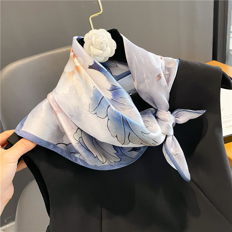 Luxury 100% Silk Square Scarf Women Summer Small Neck Tie Female Print Neckerchief Bandan Hand Bag Wrist Foulard Echarpe 2023