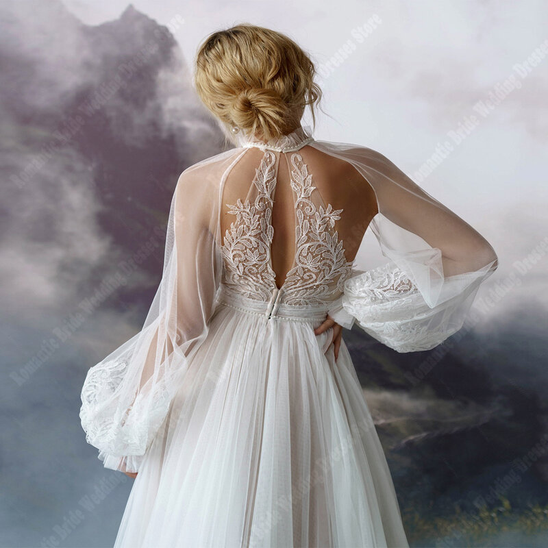 Bohemian Halter A-Line gaun pernikahan wanita gaun pengantin Tulle terang populer gaun pengantin renda motif bunga wanita Vestidos De Novias 2024