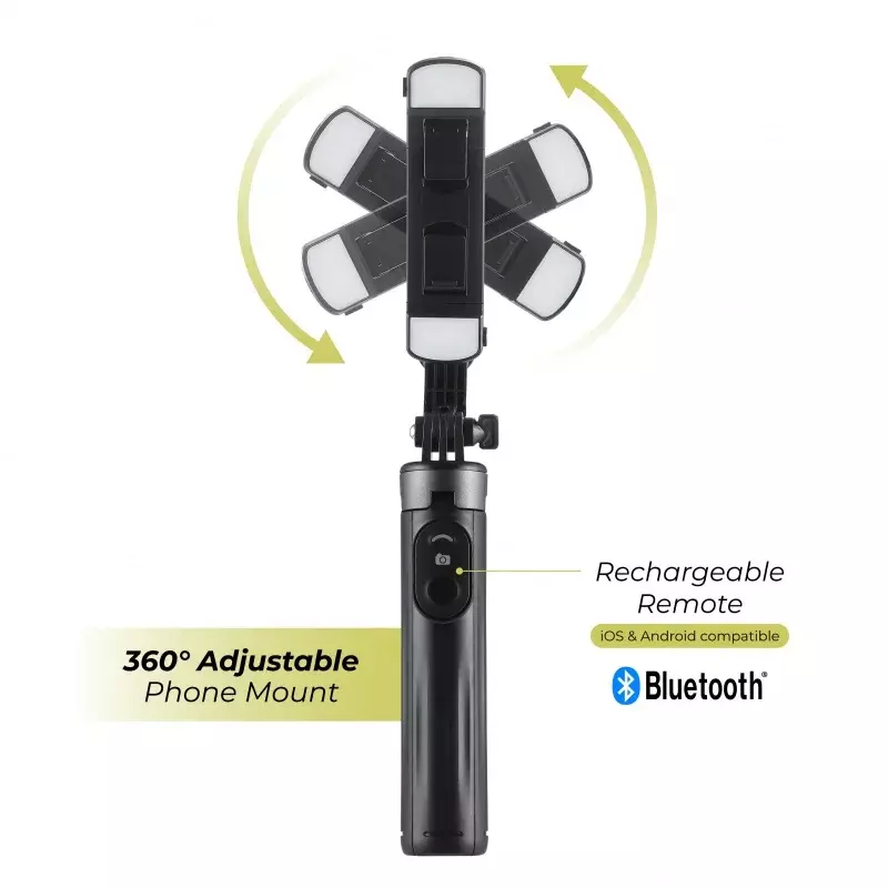 Vivitar tripod tongkat swafoto, tripod dengan lampu quad LED & remote nirkabel, hitam, vivtr2l36