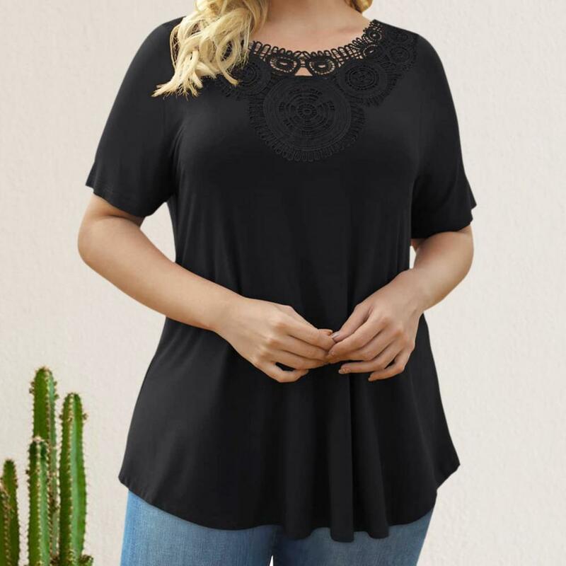 여성용 O넥 레이스 할로우 스플라이싱 반팔 티셔츠, 단색 루즈핏 풀오버 상의, 스트리트웨어, 여름