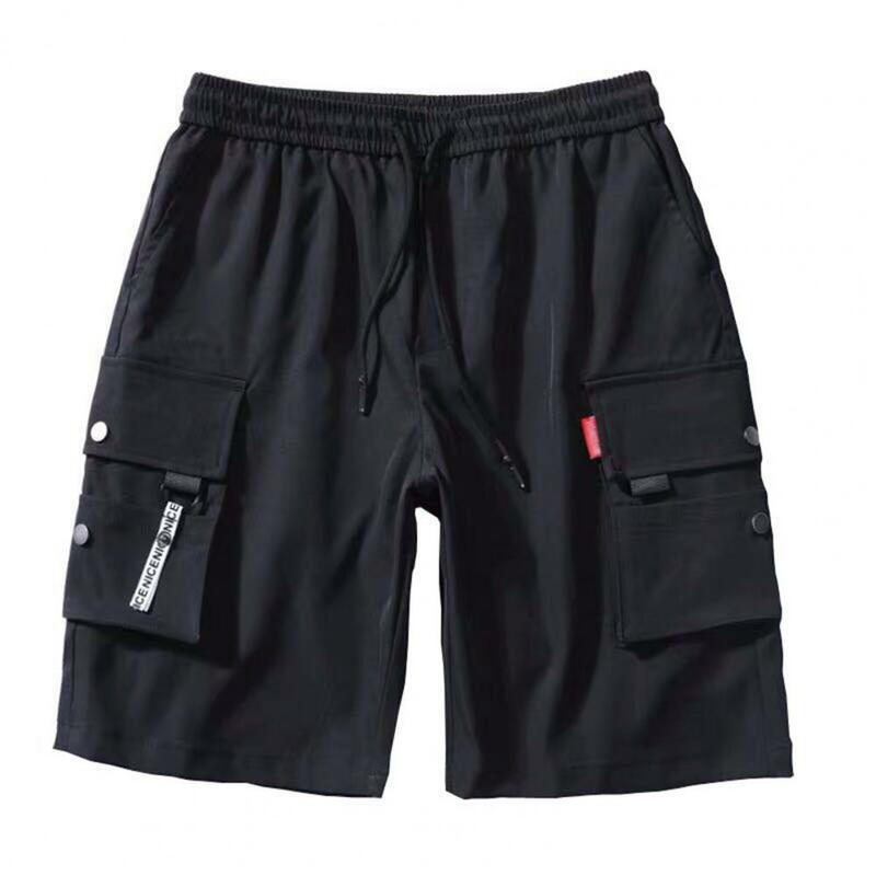 Multiple Pockets Cargo Shorts Men's Summer Elastic Waistband Drawstring Cargo Shorts with Multiple Pockets for Mid-rise