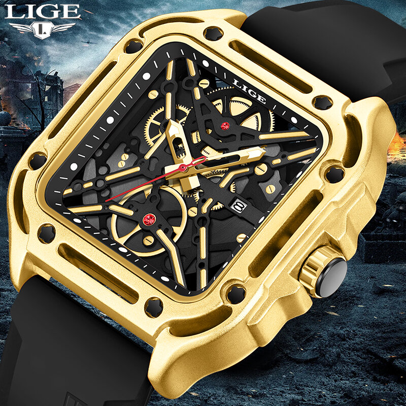 LIGE-Relógio de quartzo quadrado impermeável masculino, moda, marca de topo, esporte, militar, cronógrafo, relógio, homem, homens, 50m