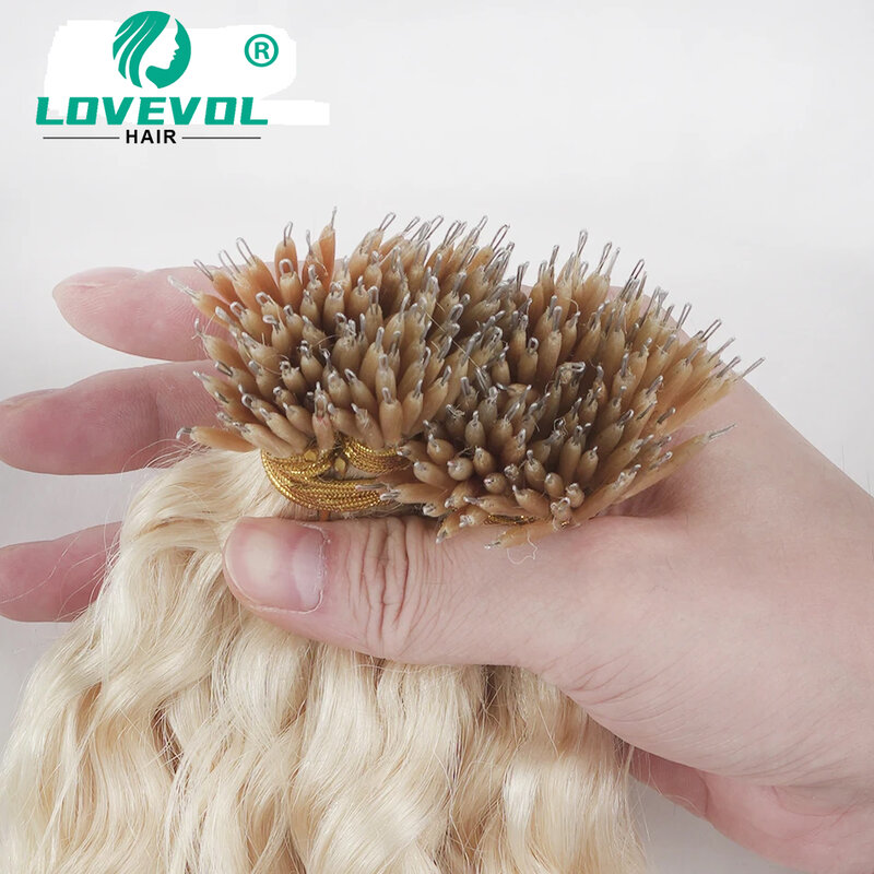 Lovevol-nanoリングブラジアンヘアエクステンション、ウォーターウェーブ、ケラレミー人間の髪の毛、カーリーヘア、フュージョンマイクロループ、12 "-26"