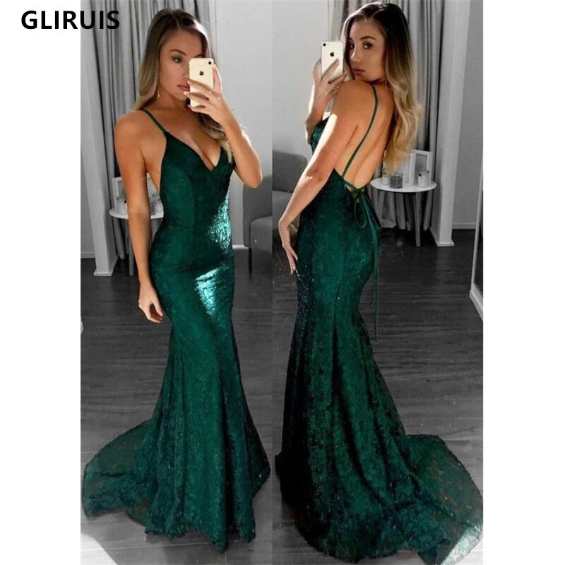 Modern Dark Green Evening Dress Mermaid Spaghetti Straps Floor Length Formal Occasion Dresses Backless Lace Up Prom Party Gown