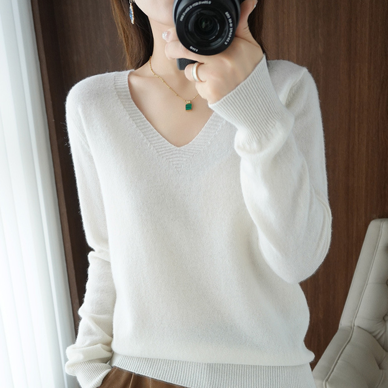 Sweater Rajut Lengan Panjang Wanita, Baju Sweater Kasmir Leher V, Desain Berongga Leher Renda Kasual Musim Gugur dan Musim Dingin