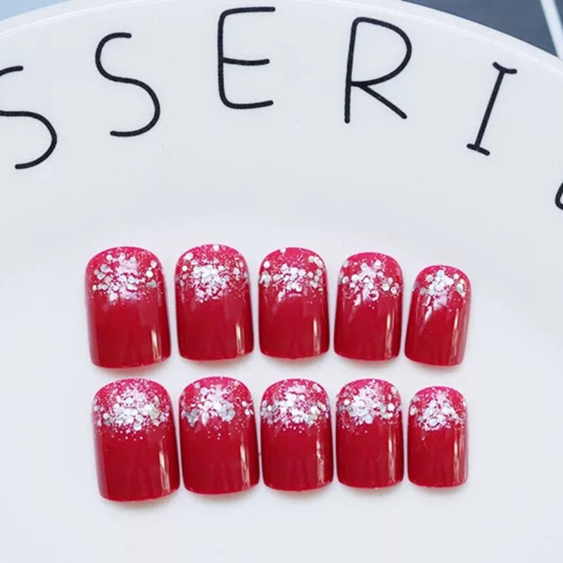 Rosso con Glitter Setting unghie finte corte unghie finte riutilizzabili dolci e affascinanti per forniture professionali per saloni di Nail Art