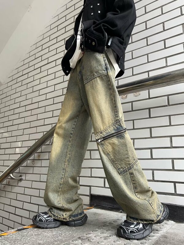 Calça cargo solta masculina com design de bolso, calça jeans casual, calças largas, streetwear de Harajuku, plus size, neutra, gótica, Y2K