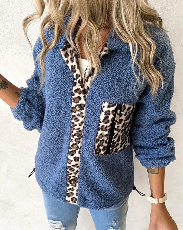 Casaco grosso com estampa de leopardo feminino, casaco casual quente, patchwork, peluche com cordão, outono e inverno, casaco diário, 2023