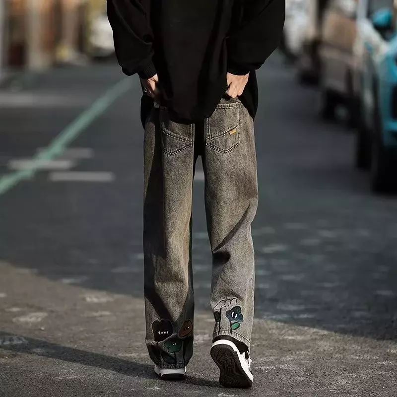 Nuovi Jeans larghi stampati a fiori Y2K da uomo 2023 Streetwear pantaloni a gamba larga in Denim Casual americano Hombre pantaloni dritti Vintage