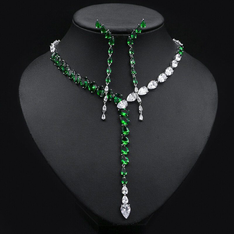 Conjunto de joias para mulheres, emenda de 2 cores, gota d'água, pedra sintética de zircão, colar e brincos, vestido bonito, 1 conjunto