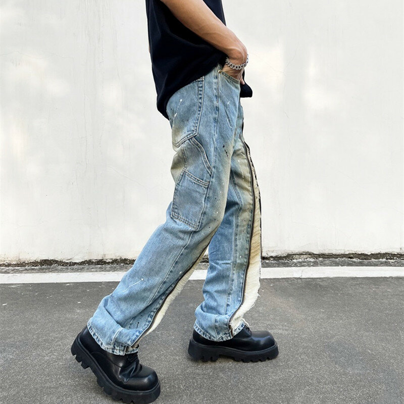 2023 Ropa Grunge Y2k Streetwear alte Baggy Jeans Cargo hose Männer Kleidung Front Reiß verschluss Punk gestapelte Jeans hose Pantalon Homme