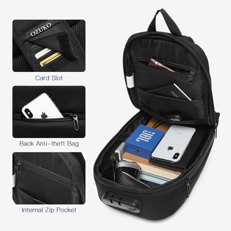 OZUKO  Anti-theft Crossbody Bags Male Waterproof USB Charging Chest Pack Short Trip Messenger Sling Bag Shoulder Chest Bag