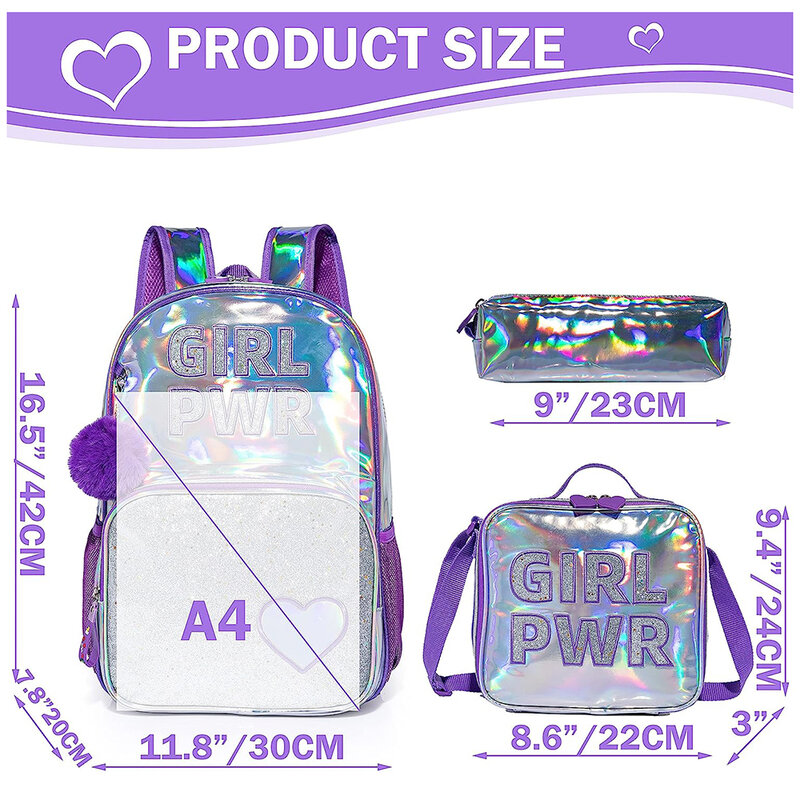 Mochila escolar de lentejuelas con fiambrera para niñas y mujeres, conjunto de suministros escolares, bolsas, 16 pulgadas, novedad