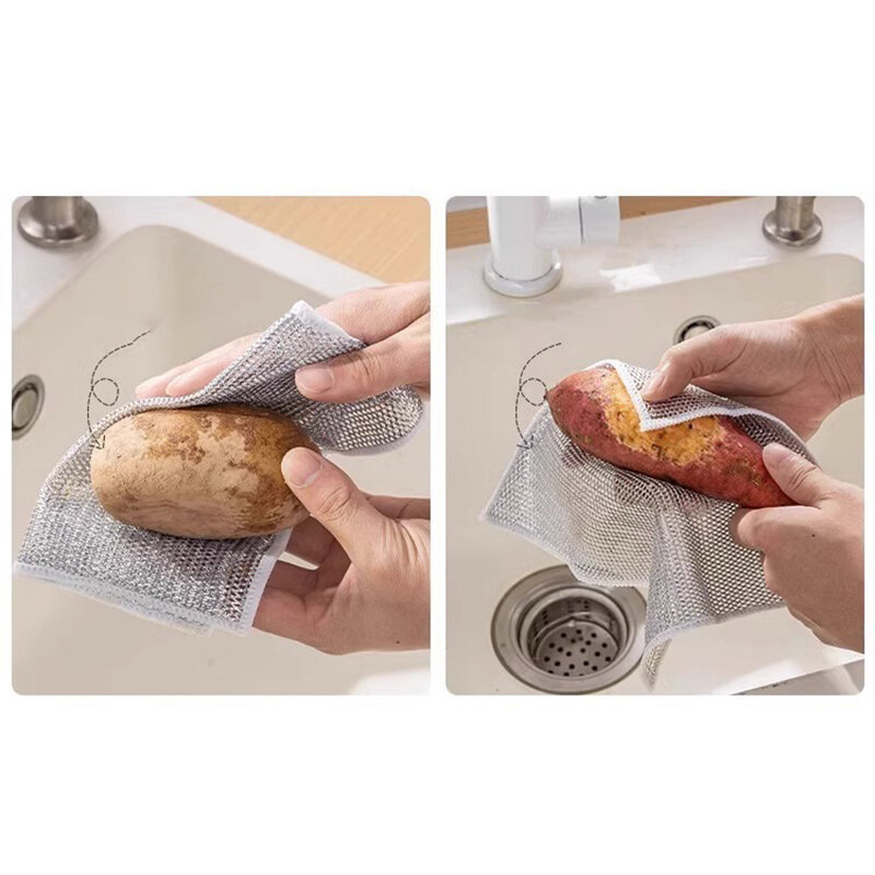 Steel Wire Cleaning Cloth Double -layer Non -stick Oil Iron Dishrag Kitchen Pan Pot Dishes Cloths Rag
