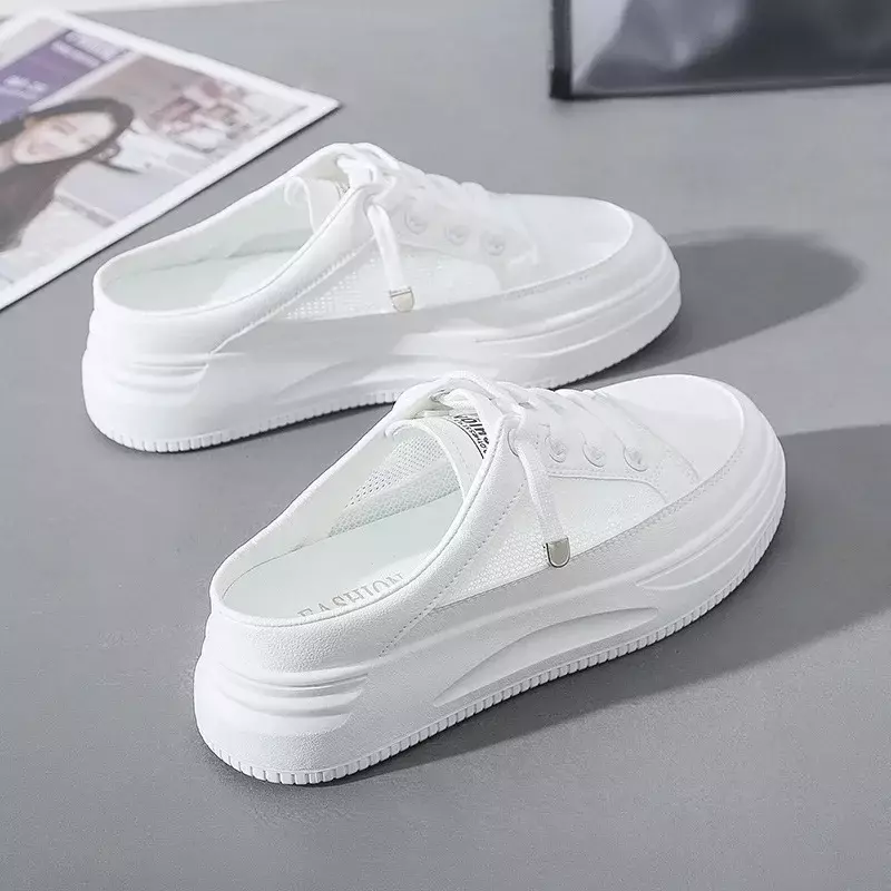 Sepatu wanita kasual, sepatu wanita kasual setengah sandal musim panas, sepatu Platform luar ruangan, sepatu putih datar, sepatu desainer
