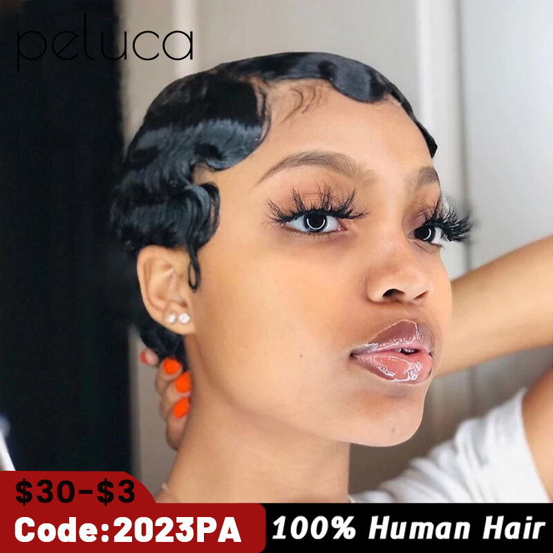 Brazylijska krótka fryzura Pixie peruki z ludzkich włosów Finger Waves fryzury dla czarnych kobiet pełna maszyna wykonane peruki krótkie peruki Glueless