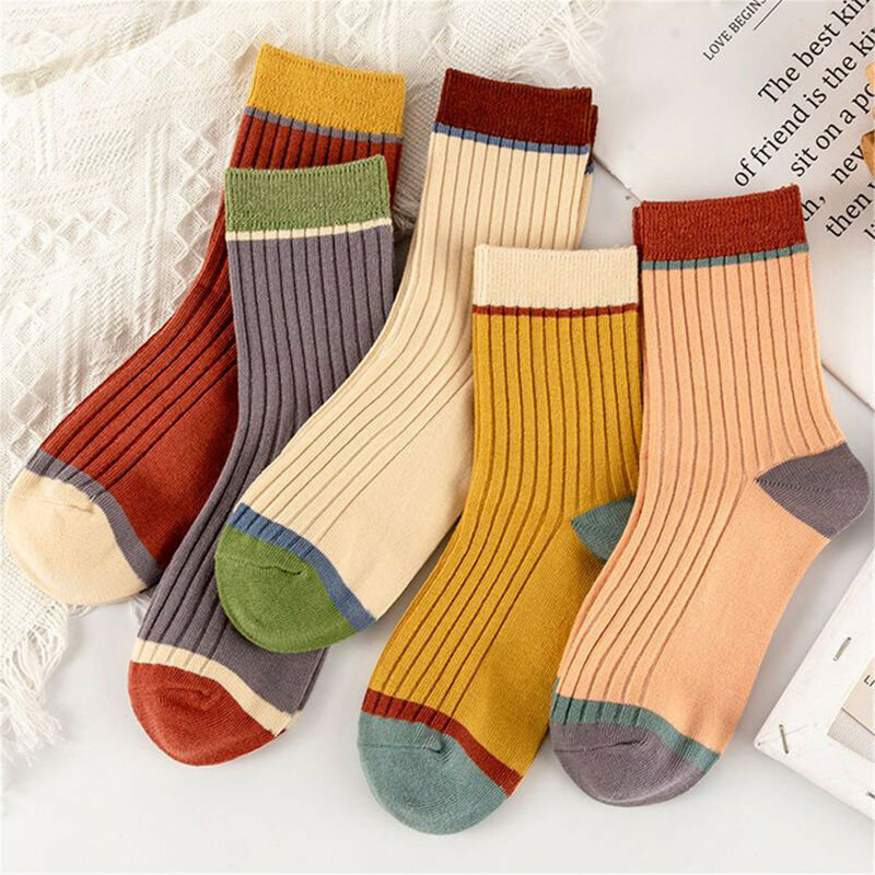 1pairs Striped Women Socks Harajuku Retro Solid Color Mid-Tube Socks Autumn Winter Breathable Sweat-Absorbent Sock For Women New