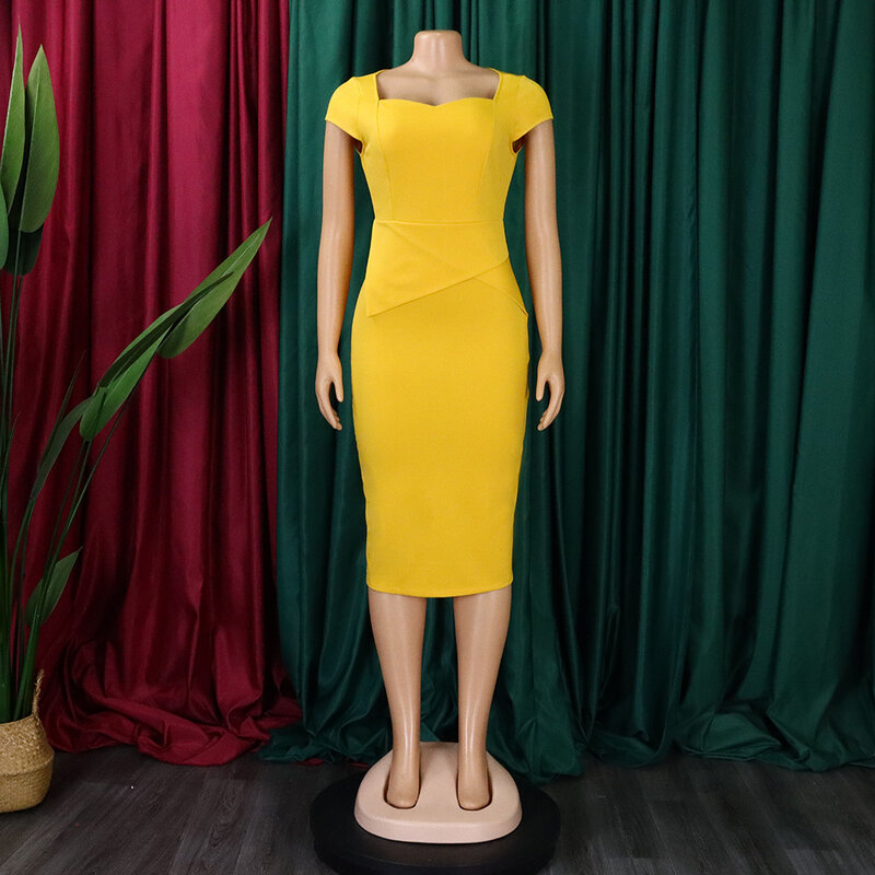 Женское облегающее платье средней длины, элегантное однотонное Деловое платье с квадратным вырезом, коротким рукавом и оборками на подоле, лето